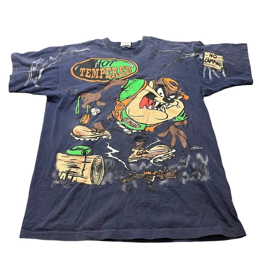 Warner Bros Taz Hot Tempered Tee Mens L Navy Blue‎ Vintage 90s Looney Tunes